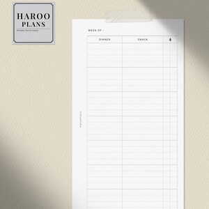 May include: A printable planner insert with a white background and black text. The text says "WEEK OF:" and has columns for "DINNER" and "SNACK".