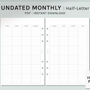 Undated Monthly | Half-Letter Printable Planner Inserts | Blank Calendar Template | MO2P Lined Layout | Month at a glance | Digital Download
