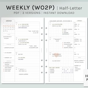 Undated Weekly | Half-Letter Printable Planner Inserts | WO2P Schedule Template | with Calendar | Week at a glance PDF | Digital Download