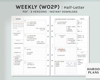 Niet gedateerd Wekelijks | Afdrukbare plannerinzetstukken van halve letters | WO2P-schemasjabloon | met kalender | Week in één oogopslag pdf | Digitale download