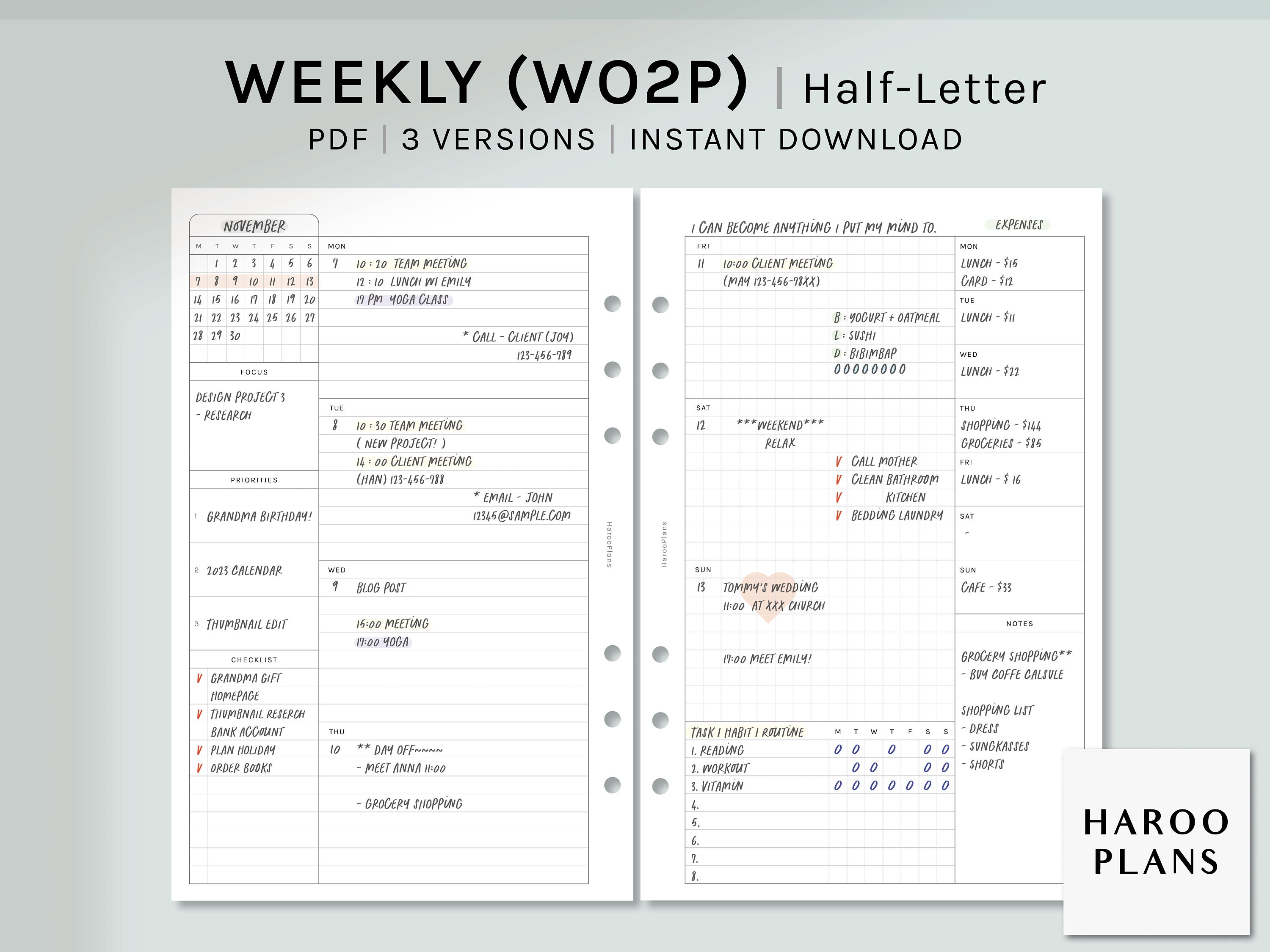 Undated Weekly | Half-letter Printable Planner Inserts | WO2P Schedule ...