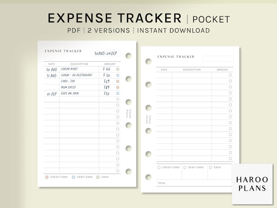 Expense Tracker | Pocket Ring Printable Planner Inserts | Spending Log Template | Budget Planner Layout PDF | Financial Planning Sheet