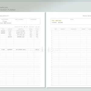 Op de afbeelding: Een printbare budgetplanner voor reizen, met secties voor het totale budget, de totale uitgaven, het verschil, de betaalmethode, de datum, de categorie, de beschrijving, het budget en het werkelijke bedrag. De planner bevat een sectie voor notities en een sectie voor uitgaven voor vooruitbetaling, vlucht, hotel en activiteit.