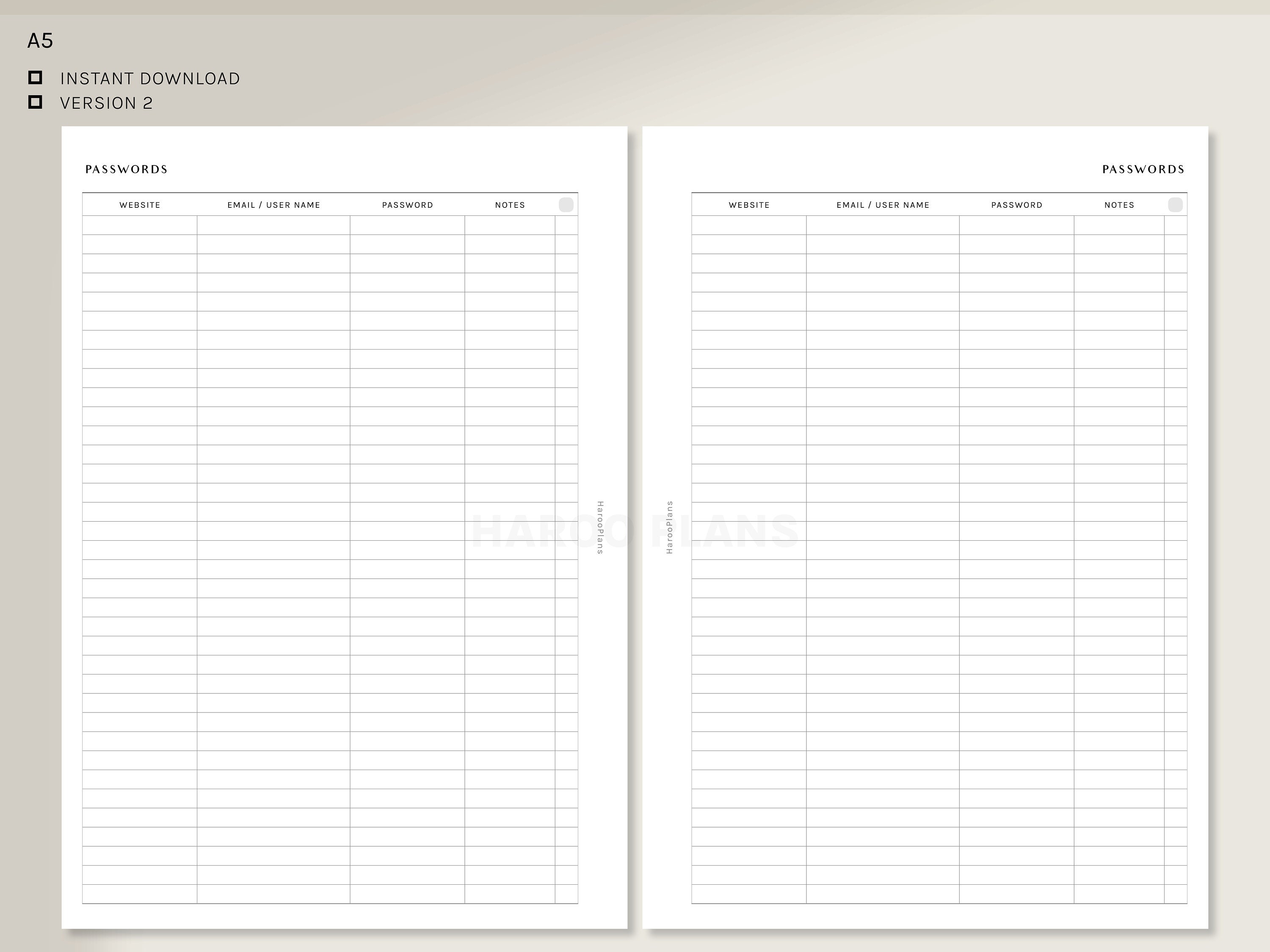 Password Tracker | A5 Printable Planner Inserts | Password Keeper Log ...