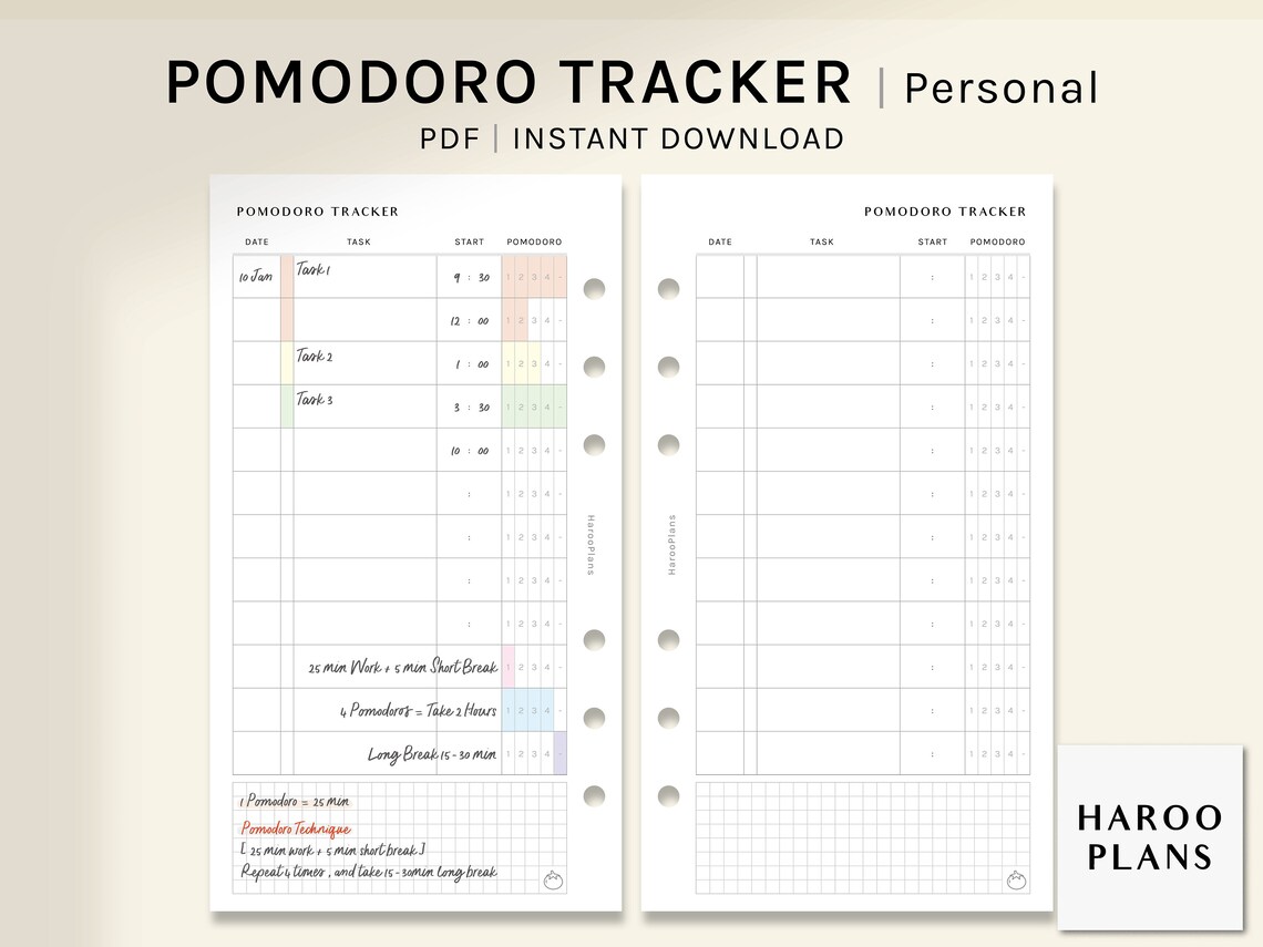 Pomodoro Tracker | Personal Size Printable Planner Inserts | Study Time ...