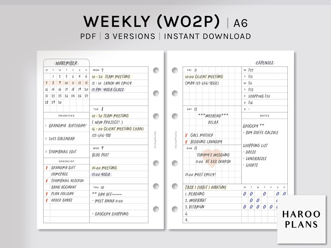 Undated Weekly | A6 Printable Planner Inserts | WO2P Schedule Template ...