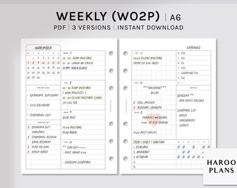 Undated Weekly | A6 Printable Planner Inserts | WO2P Schedule Template | with Calendar, Tracker | Week at a glance PDF | Digital Download