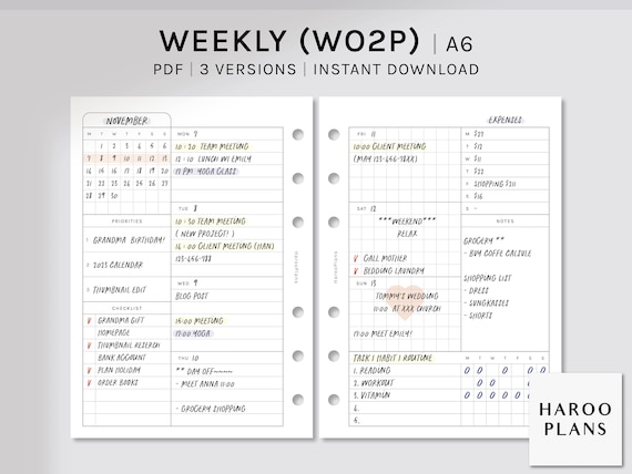 Undated Weekly | A6 Printable Planner Inserts | WO2P Schedule Template | with Calendar, Tracker | Week at a glance PDF | Digital Download
