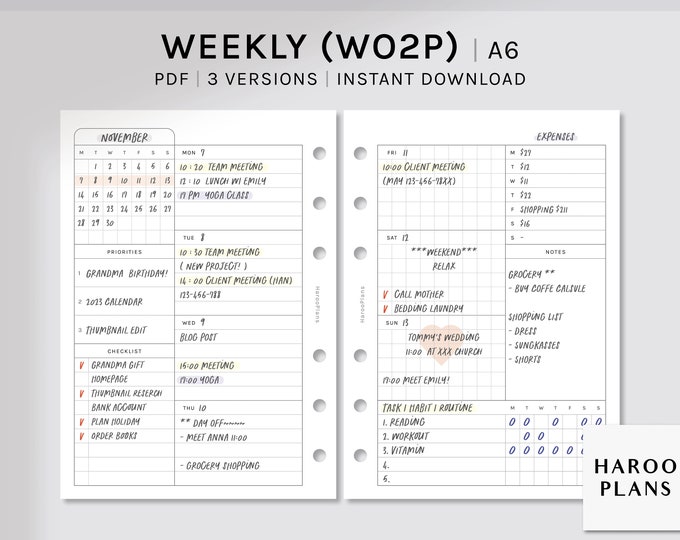 Weekly Planner Inserts | Horizontal Style | Undated | A5 Half Letter ...