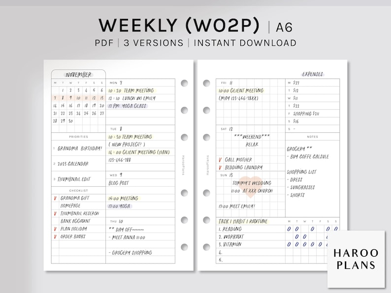 Undated Weekly | A6 Printable Planner Inserts | WO2P Schedule Template ...