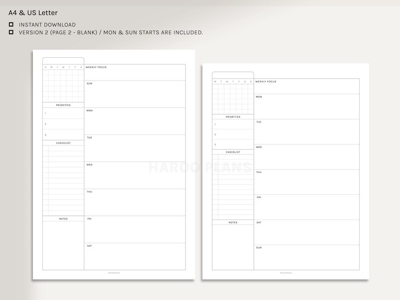 Undated Weekly Planner A4, US Letter Printable Planner Inserts Weekly Schedule Template Organizer with Calendar PDF Digital Download image 3