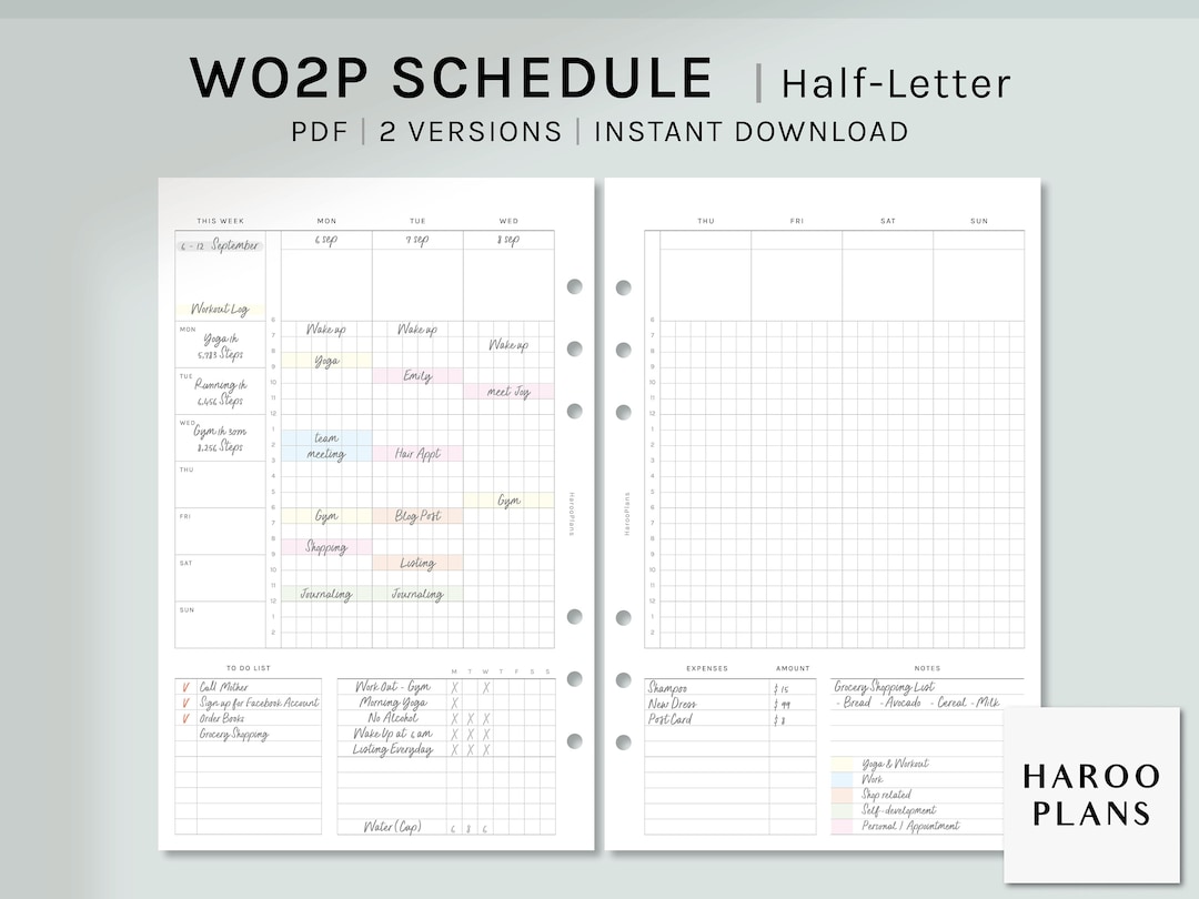 WO2P Schedule | Half-letter Printable Planner Inserts | Weekly ...