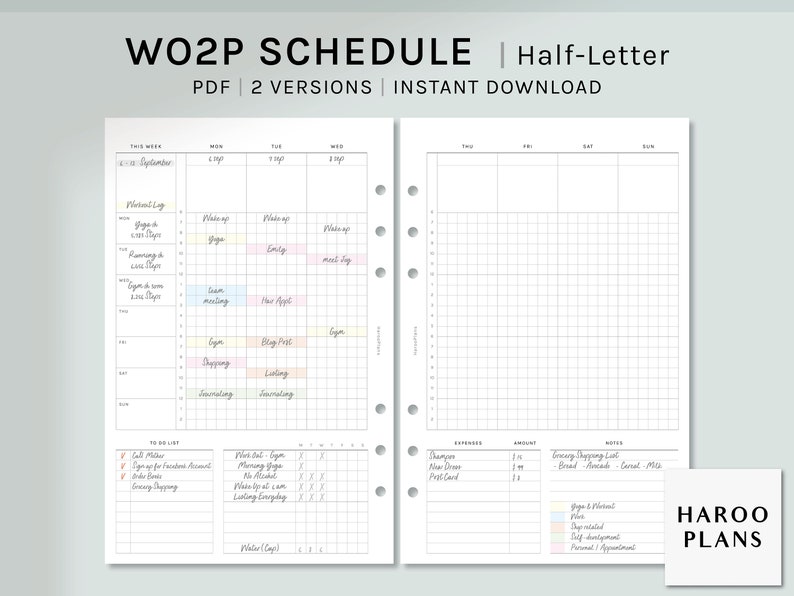 WO2P Schedule | Half-letter Printable Planner Inserts | Weekly ...