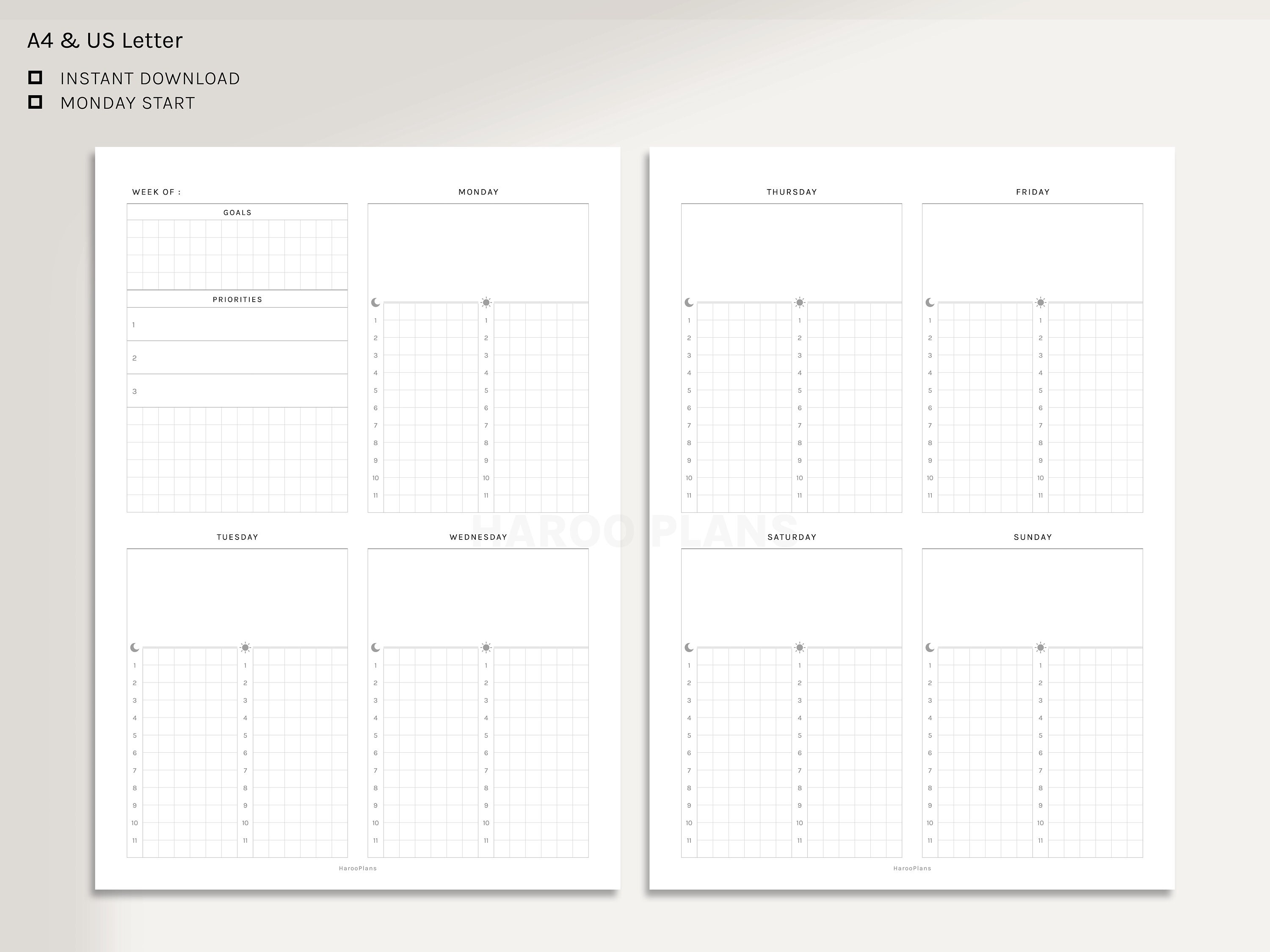Weekly Planner | A4, US Letter Printable Inserts | WO2P Time Blocking ...