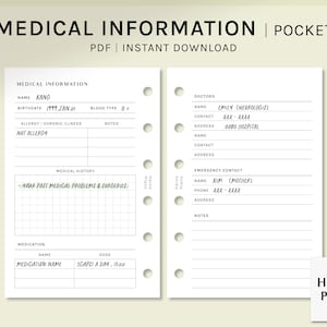 May include: A printable medical information pocket planner with sections for personal information, doctors, emergency contact, medical history, and medication. The planner has a white background with black text.