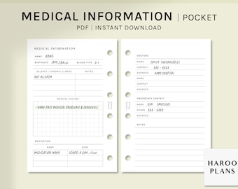 May include: A printable medical information pocket planner with sections for personal information, doctors, emergency contact, medical history, and medication. The planner has a white background with black text.