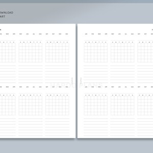 May include: A printable planner page with two columns of monthly calendar trackers. Each column has six months, starting with January and ending with December. The text "TRACKER" appears at the top of each column.