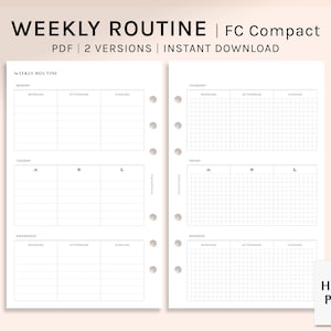 Può includere: Un planner di routine settimanale stampabile in formato PDF. Il planner ha due versioni, una con layout a griglia e una con layout a righe. Il planner è progettato per l'uso con un planner FC compatto.