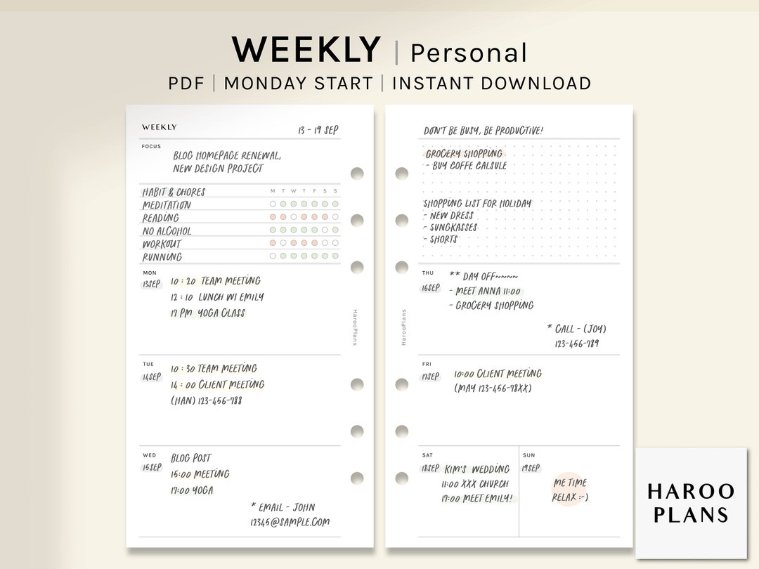 Simple Weekly | Personal Size Printable Planner Inserts | Undated WO2P ...