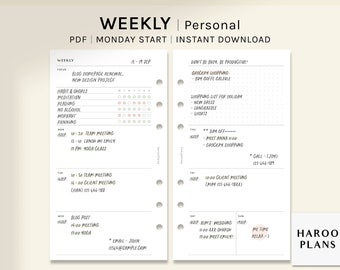 Simple Weekly | Personal Size Printable Planner Inserts | Undated WO2P Tracker Layout Template | Organizer Worksheet PDF | Digital Download