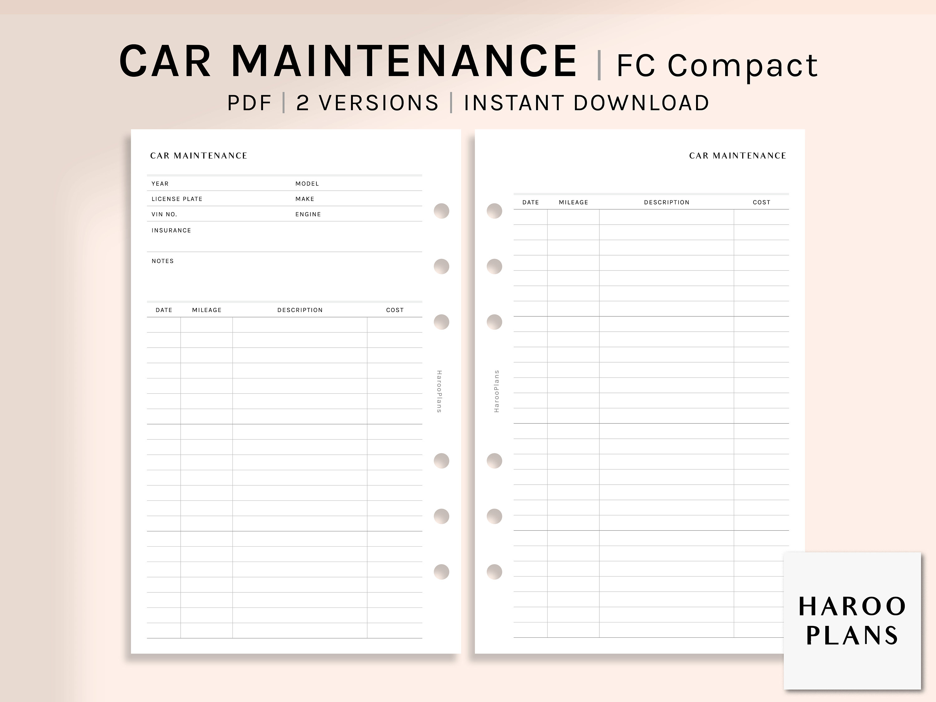 Car Maintenance FC Compact Size Printable Planner Inserts 