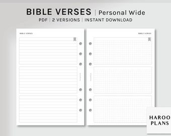 May include: Printable PDF planner pages for a personal wide size planner. The pages are designed for writing down bible verses. One page has lined paper and the other has a grid pattern.