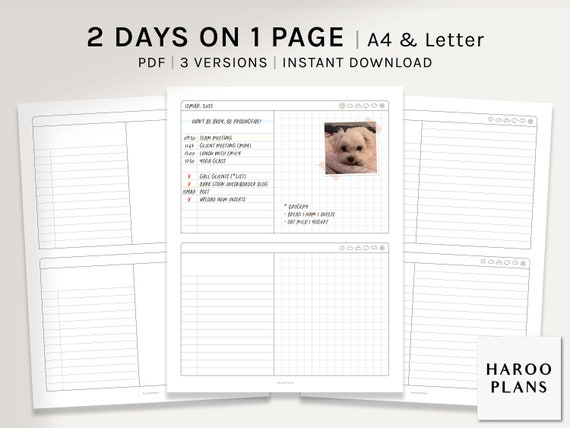 2 Days on 1 Page | A4, US Letter Printable Planner Inserts | 2D1P Daily Agenda | Organizer Template | Grid Layout PDF | Digital Download