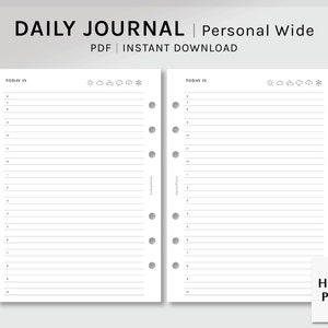 Daily Journal | Personal Wide Printable Planner Inserts | Simple Lined Diary Template | Hourly Schedule Organizer PDF | Digital Download
