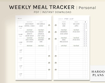 Weekly Meal Tracker | Personal Size Printable Planner Inserts | Food Log Template PDF | Water intake | Menu Plan Sheets | Digital Download