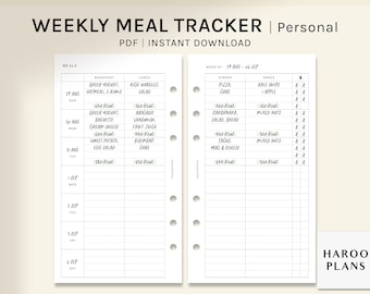 Weekly Meal Tracker | Personal Size Printable Planner Inserts | Food Log Template PDF | Water intake | Menu Plan Sheets | Digital Download