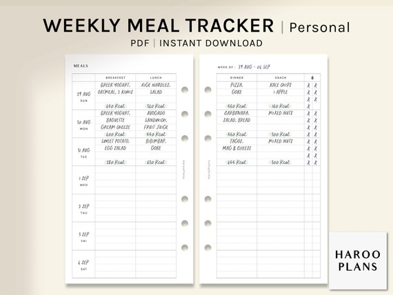 Weekly Meal Tracker | Personal Size Printable Planner Inserts | Food Log Template PDF | Water intake | Menu Plan Sheets | Digital Download