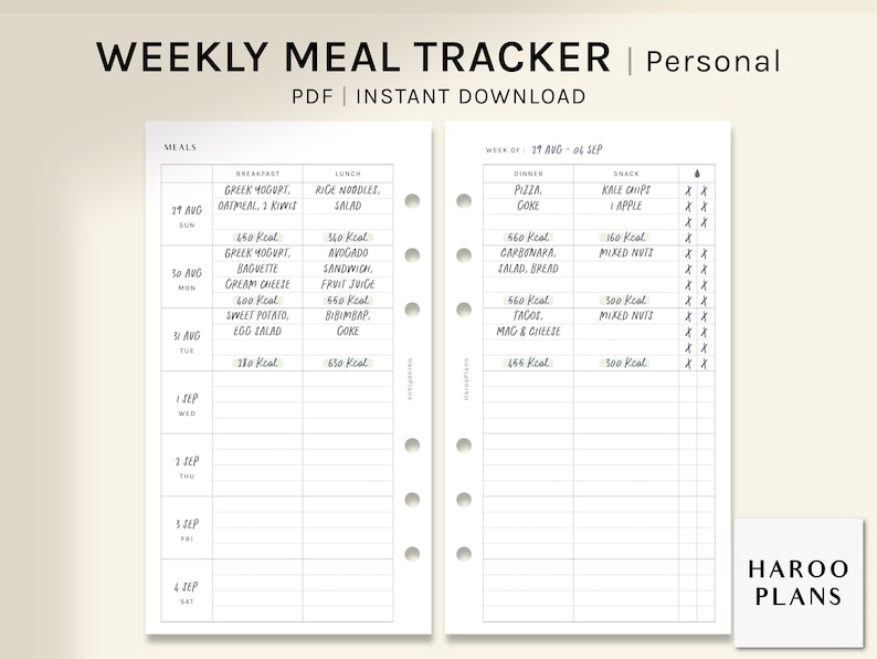 Weekly Meal Tracker | Personal Size Printable Planner Inserts | Food Log Template PDF | Water intake | Menu Plan Sheets | Digital Download image 1