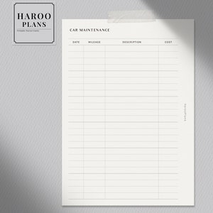 Peut inclure: Un journal d'entretien automobile imprimable avec des colonnes pour la date, le kilom&eacute;trage, la description et le co&ucirc;t. Le journal est intitul&eacute; "Car Maintenance" et est un insert imprimable pour un planificateur.
