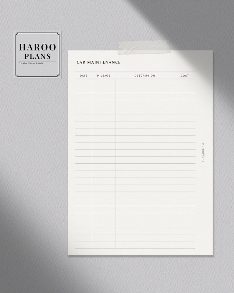 Peut inclure: Un journal d'entretien automobile imprimable avec des colonnes pour la date, le kilom&eacute;trage, la description et le co&ucirc;t. Le journal est intitul&eacute; "Car Maintenance" et est un insert imprimable pour un planificateur.