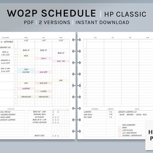 May include: A printable weekly schedule planner in PDF format with two versions. The planner includes a daily schedule with time slots and a separate section for expenses and notes. The planner is designed for use with the Happy Planner Classic.