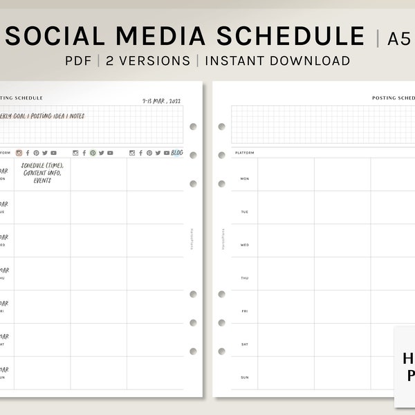 Posting Schedule | A5 Printable Planner Inserts | Weekly Social Media Calendar Template | Simple Contents Post Log PDF | Digital Download