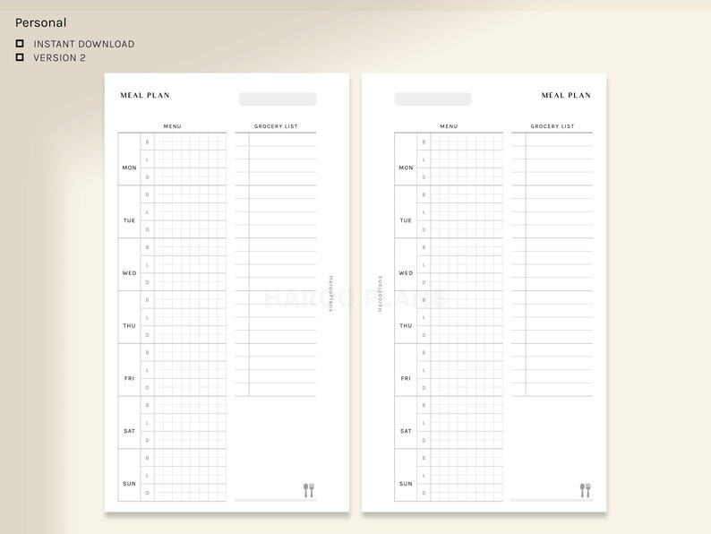 Meal Plan With Grocery List | Personal Size Printable Inserts | Weekly ...