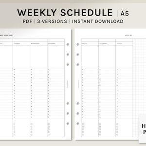 May include: A black and white printable weekly schedule planner in A5 size. The planner has columns for Monday through Sunday with time slots from 7 am to 10 pm. The planner also includes a gridded notes section.