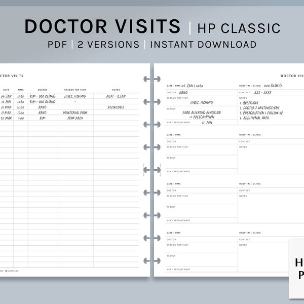 | journal des visites chez le médecin Inserts HP Classic Printable Happy Planner | Modèle de liste de rendez-vous médicaux | Dossier de santé PDF | Téléchargement numérique