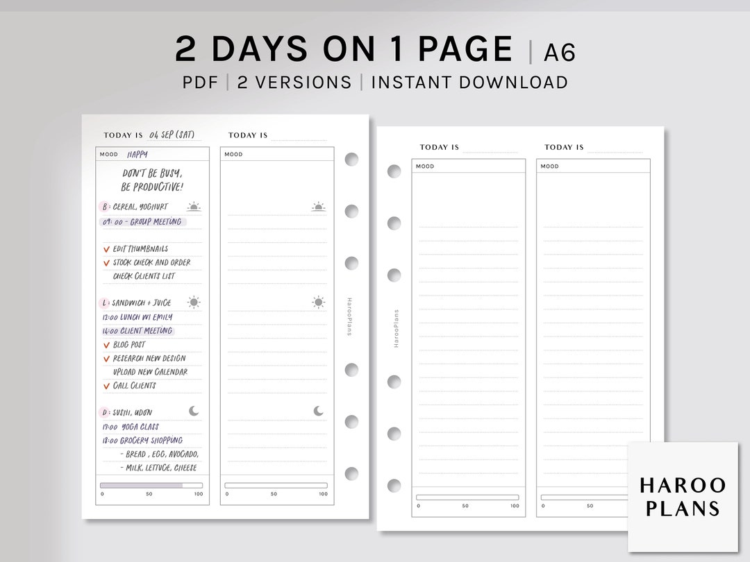 2 Days on 1 Page A6 Ring Printable Planner Inserts Daily - Etsy
