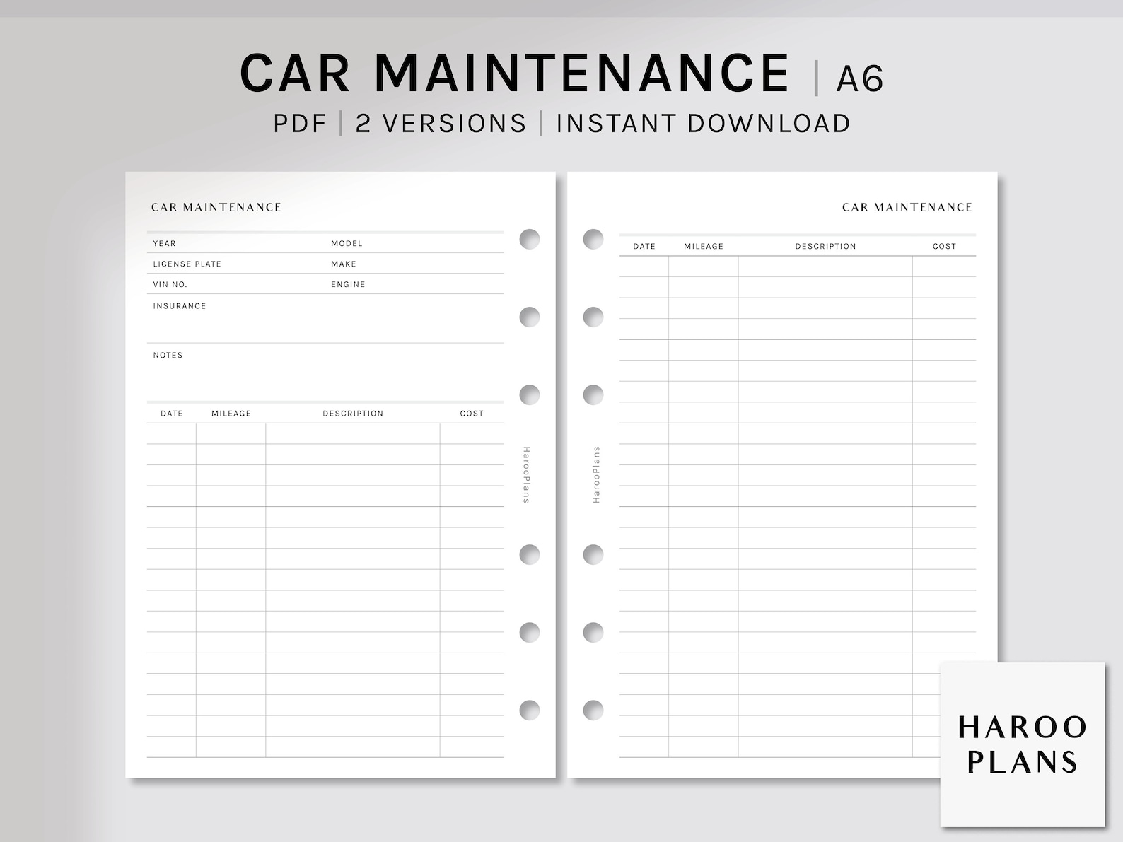 Car Maintenance | A6 Printable Planner Inserts | Auto Repair Log ...