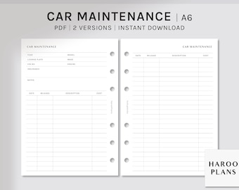Entretien automobile | Feuillets A6 pour agenda imprimable | Modèle de journal de réparation automobile | Feuille de travail sur le suivi des services d'entretien des véhicules PDF | Téléchargement numérique