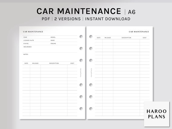 Car Maintenance | A6 Printable Planner Inserts | Auto Repair Log Template | Vehicle Care Service Tracker Worksheet PDF | Digital Download