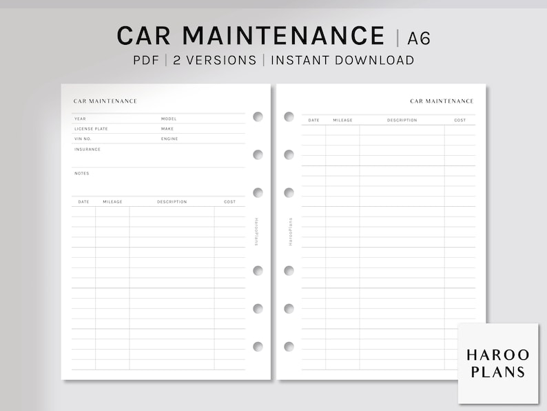 Peut inclure: Feuille de suivi d'entretien de voiture imprimable A6 avec deux versions. La premi&egrave;re page permet d'enregistrer les informations sur la voiture, telles que l'ann&eacute;e, la plaque d'immatriculation, le VIN, l'assurance et les notes. La deuxi&egrave;me page contient un tableau pour suivre la date, le kilom&eacute;trage, la description et le co&ucirc;t de l'entretien.