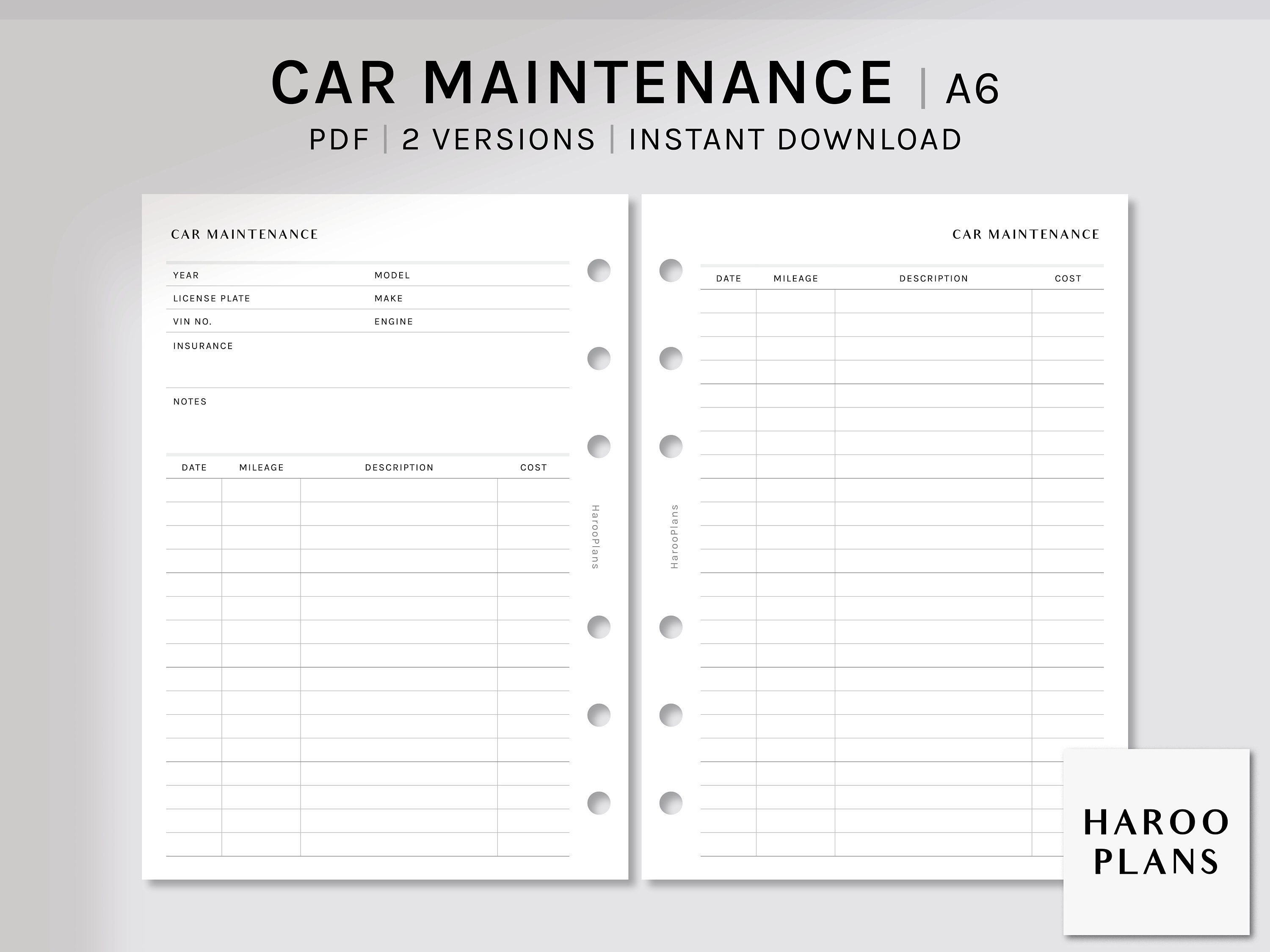 Car Maintenance | A6 Printable Planner Inserts | Auto Repair Log ...