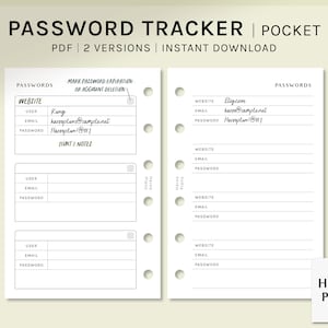 May include: A printable password tracker with two versions, designed for pocket-sized planners. The tracker includes sections for website, user, email, password, and notes. The text "PASSWORD TRACKER | POCKET" and "PDF | 2 VERSIONS | INSTANT DOWNLOAD" is at the top of the page.