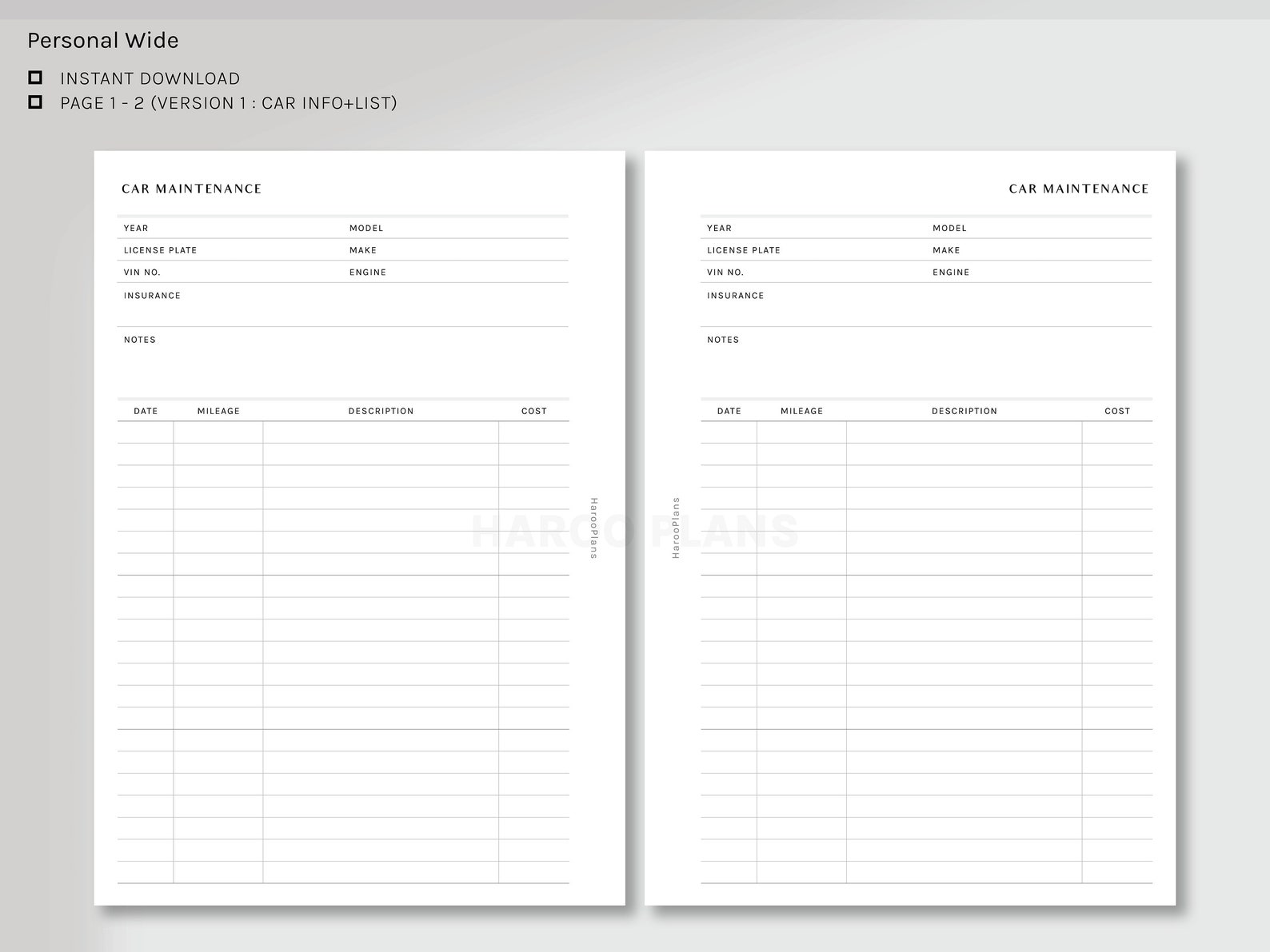 Car Maintenance Personal Wide Printable Planner Inserts - Etsy