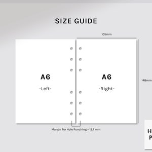 May include: A size guide for A6 paper, showing the dimensions of the paper and the margin for hole punching. The paper is 105 mm wide and 148 mm tall, with a 12.7 mm margin for hole punching.