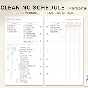 May include: A printable cleaning schedule planner with two pages. The left page has a daily cleaning schedule with a list of tasks and a notes section. The right page has a monthly, quarterly, half-yearly, and yearly cleaning schedule.