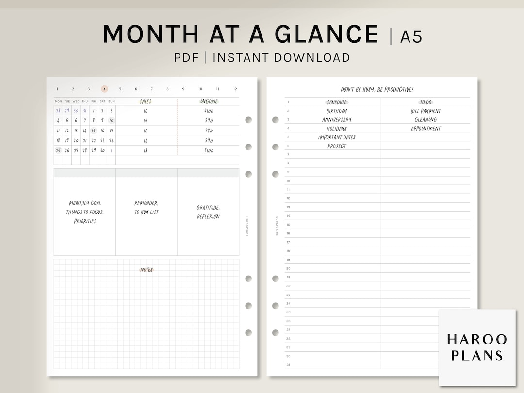 Month at a Glance | A5 Printable Planner Inserts | Undated MO2P ...